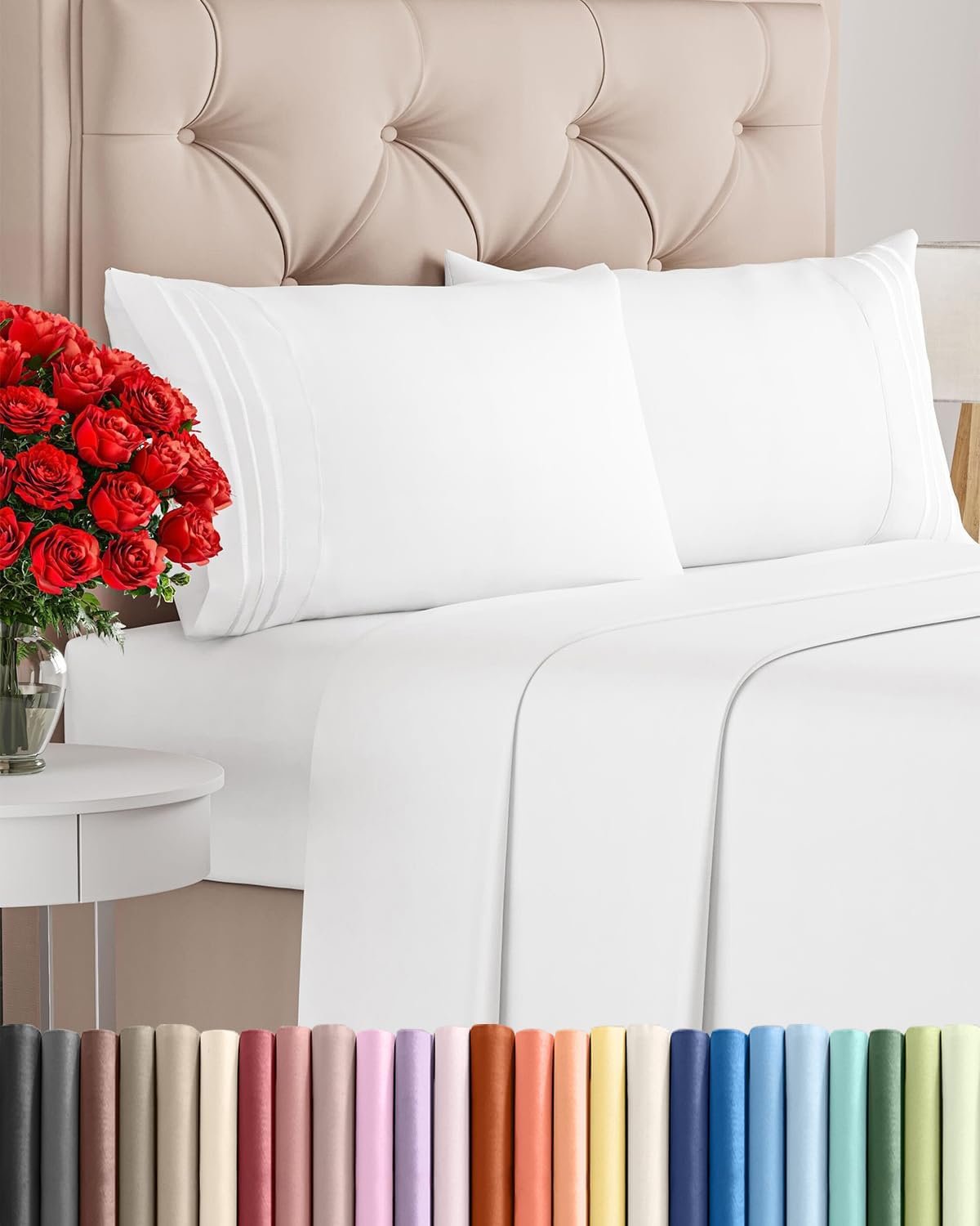  Queen Size 4 Piece Sheet Set - Comfy Breathable & Cooling Sheets - Hotel Luxury Bed Sheets for Women & Men - Deep Pockets, Easy-Fit, Extra Soft and Wrinkle Free Sheets - White Oeko-Tex Bed Sheet Set 