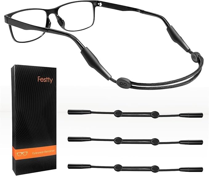 Festty Glasses Strap Sports 3 pcs, Eyeglasses Strap Holder for Kids Women Men, Adjustable Sunglasses lanyard string chain，Reading eye glasses holders around neck, Eyewear Retainer (Black)