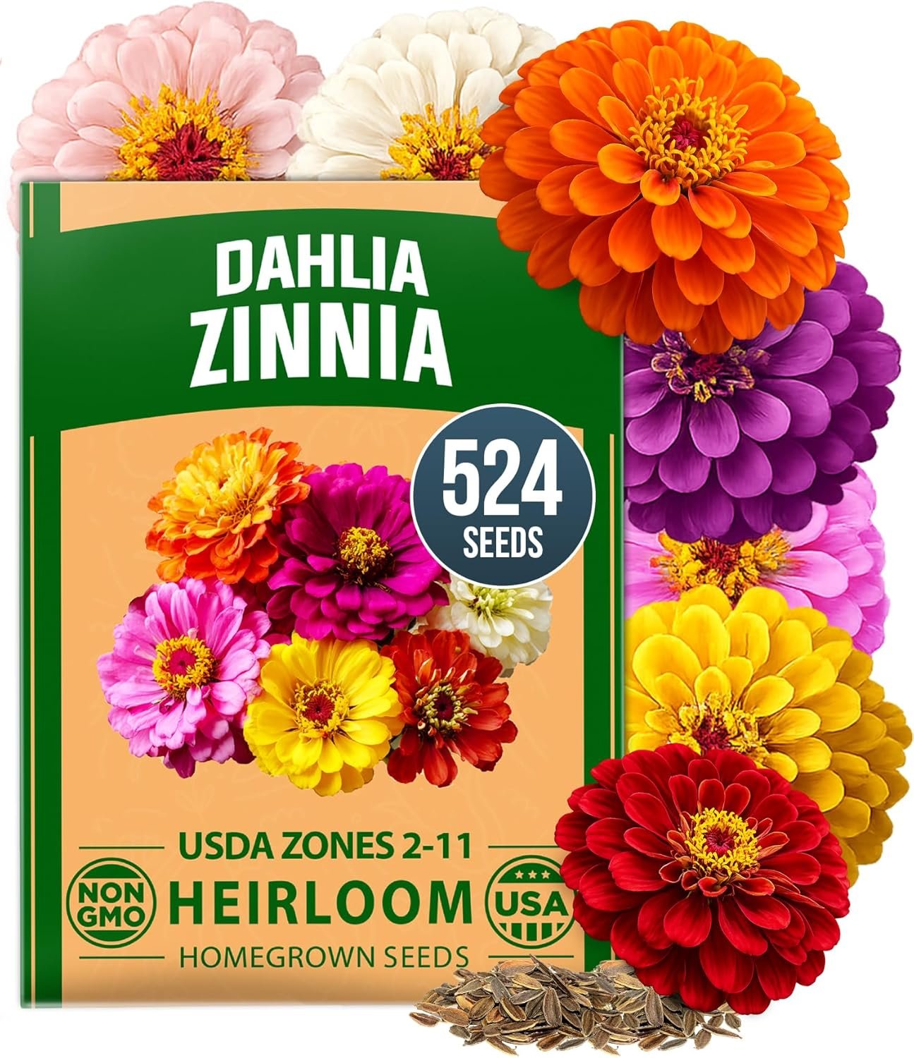HOME GROWN Zinnia Dahlia Seeds Pack for 2026 Non GMO 524 Flower Seeds | Vibrant Zinnia Elegans for Pollinator Gardens, Borders & Containers | Easy-to-Grow Outdoor Blooms