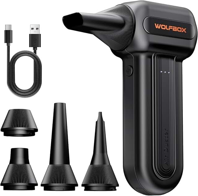 WOLFBOX MF60&MF70 Compressed Air Duster-110000RPM Super Power Electric Air Duster, 3-Speed Adjustable Rechargeable Cordless Air Blower with Fast Charging for PC Keyboard Cleaning, Car, Home (Black)